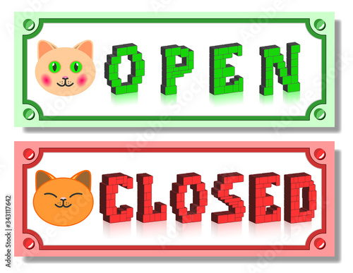 Plates with 3D inscriptions. Open and Closed, in green, red frames. Faces of cute sleeping and awake cats