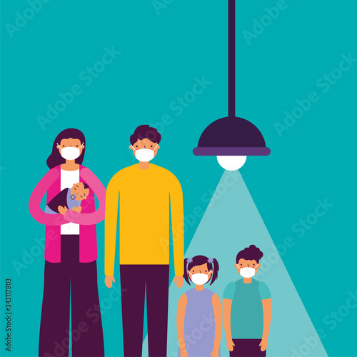 family using face masks for covid19