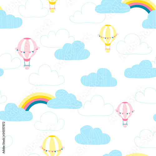 Balloons in the clouds. Baby vector seamless pattern in simple hand-drawing style. Good for textiles, fabrics, bedding, wrapping paper, scrapbooking, etc.