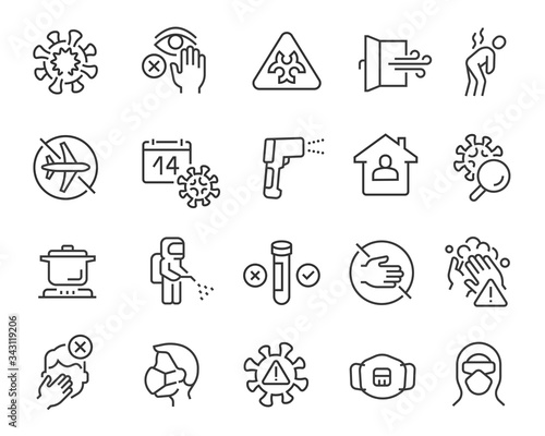 Flu and coronavirus icons set. Collection of linear simple web icons such as virus, prevention, quarantine, incubation period, test, disinfection, mask, symptoms, protection, infected zone, etc
