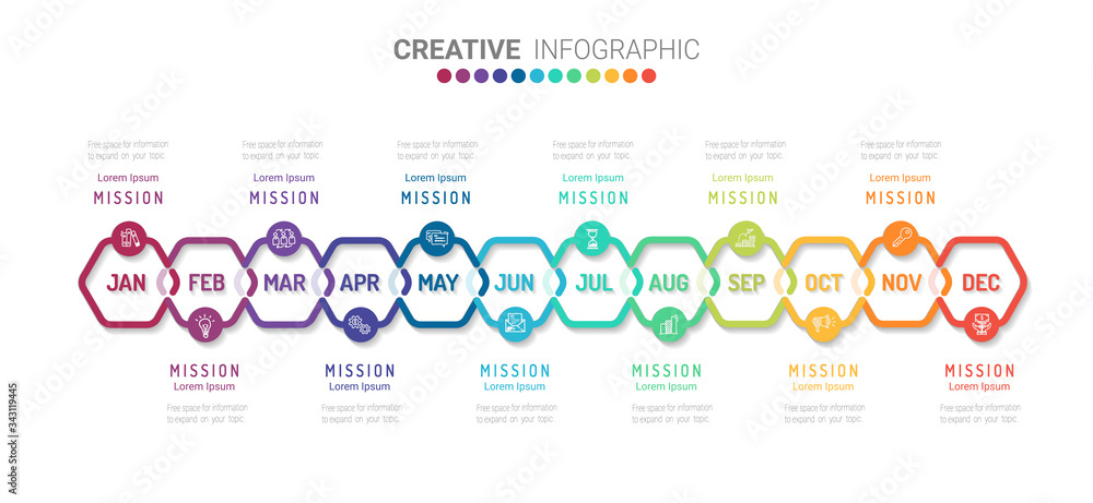 Timeline for 1 year, 12 months, infographics month planner design vector 12 steps and Presentation business can be used for Business concept with 12 options, steps or processes. Timeline for 1 year, 12 months, infographics month planner design vector 12 steps and Presentation business can be used for Business concept with 12 options, steps or processes.