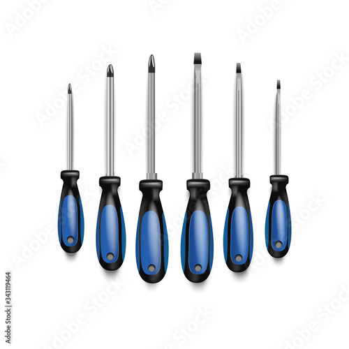 Screwdriver set with rubber black and blue handles. different size screwdrivers for removing screws. Tool for drivers, builders and craftsmen isolated on white background.