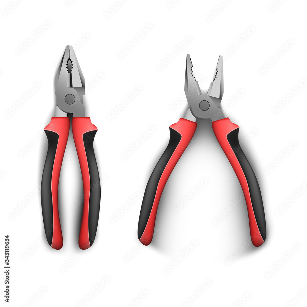 Open and closed two pliers, with rubber black and red handles. realistic vector illustration on a white background. Hand tools for repair, construction and maintenance Open and closed two pliers, with rubber black and red handles. realistic vector illustration on a white background. Hand tools for repair, construction and maintenance