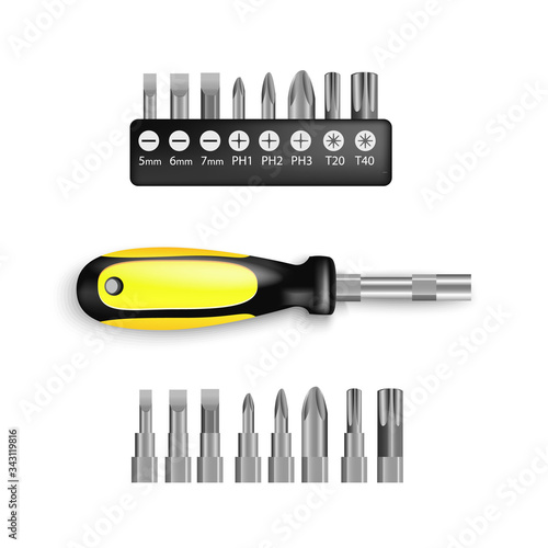 Screwdriver set with accessory is a tool, with rubber black and yellow handles. Manual for driving or removing screws, isolated on white background. screwdriver bits in plastic holder