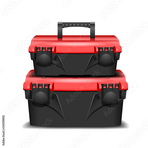  two plastic black tool box, red cap on a white background. Toolkit for builder or industrial store. Realistic box for tools 