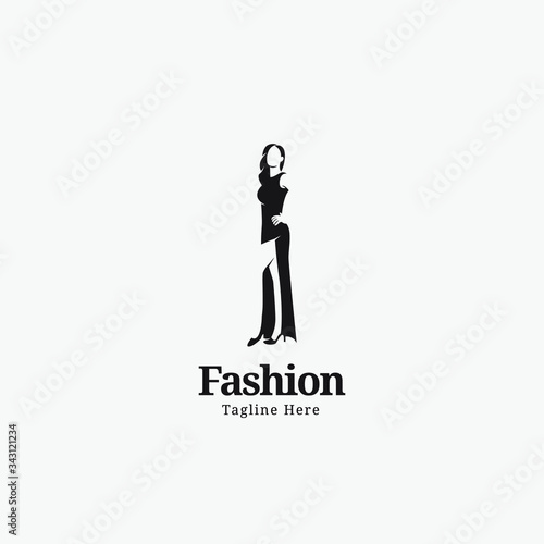  woman fashion logo template. beautiful girl wear dress vector illustratation	
