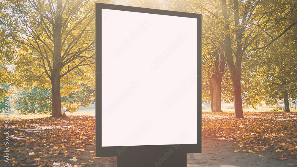 modern white billboard with space for template in beautiful autumn park ...