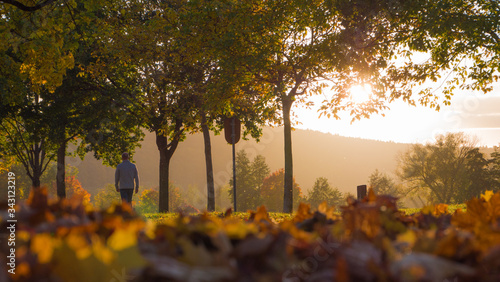 Goldene Herbstlandschaft mit einem Spaziergänger und bunten Blättern am Boden
