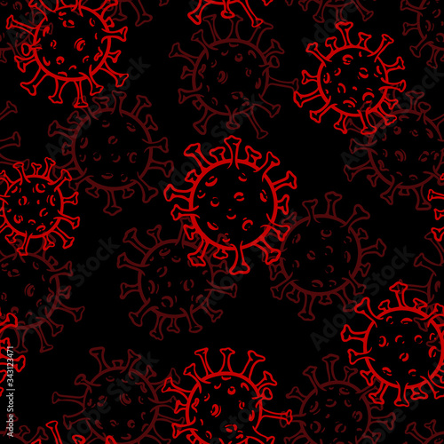 Hand drawn black and red doodle sketch seamless bacterium and virus pattern. Vector illustration