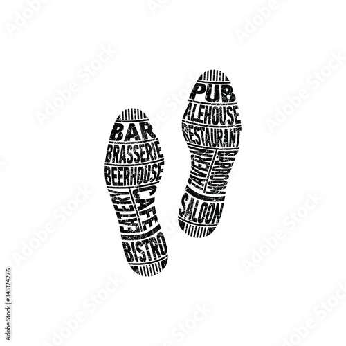 Trail of eater and booze. The unique imprint of a person’s shoes determines his lifestyle. Vector illustration, isolated object on a white background.