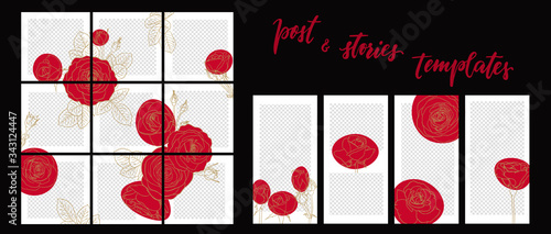 Trendy template for social networks stories and posts line contour roses, vector illustration. Design backgrounds for social media. Mockup for personal blog or shop