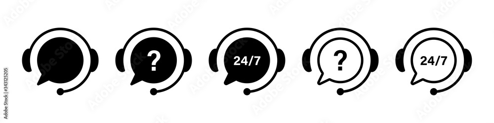 Support service. Vector isolated icons.  Customer support   black vector icon signs. Call center symbols. Service concept symbols. - obrazy, fototapety, plakaty 