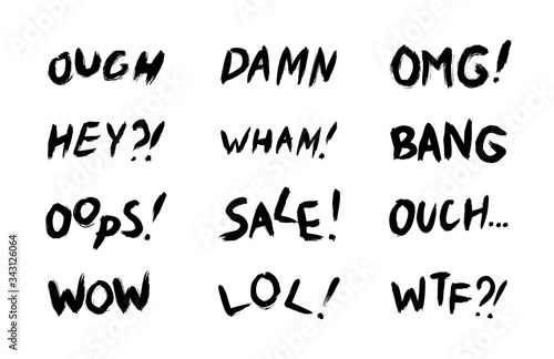 Vector collection of phrases, and comic words for sales, chats, and expressive messages. Set with black and white lettering on a white background.
