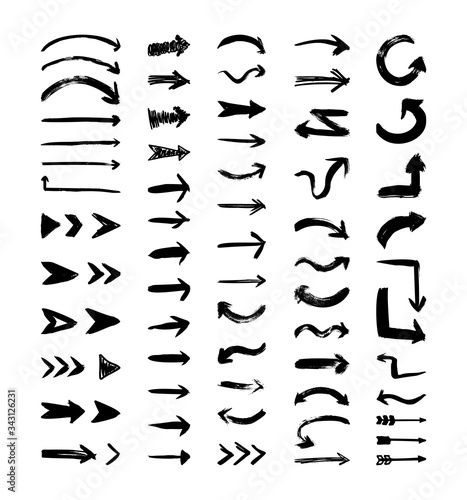 Vector collection of texturing arrows. Big set of grunge pointers  signs  cursors  navigations and interface elements in doodle style. 