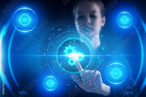 Business, Technology, Internet and network concept. Young businessman working on a virtual screen of the future and sees the inscription: © Egor