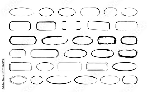 Collection of textured round frames isolated on white background. Set of black templates with splashes and spray in form circle and o-shaped, and elliptical in a dirty and freehand style.