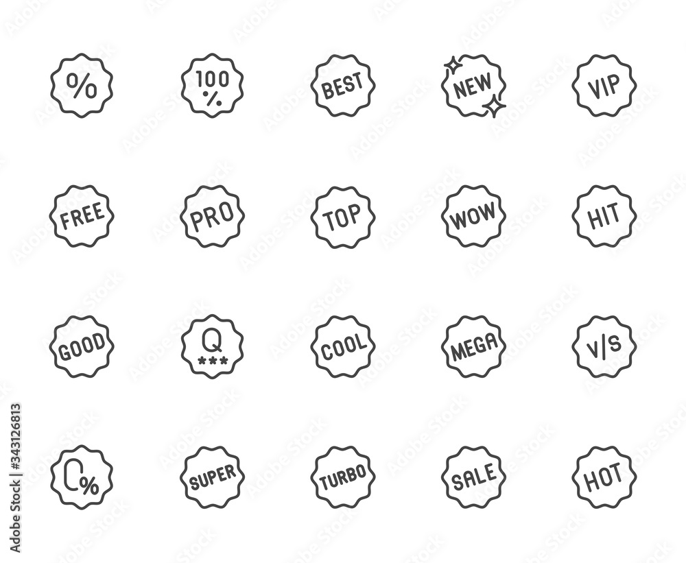 Premium Icons Pack on Badges and Label for Promotions, Promo offer. Such  Line Signs as Best,