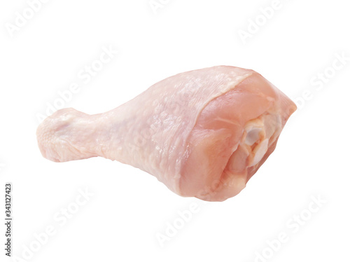 Raw chicken leg isolated on a white background. Close up. Side view. One.