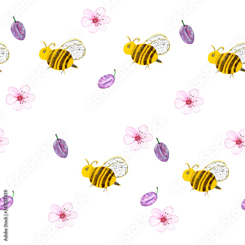 Seamless pattern with watercolor bees  plum  blossom flower. Design for kids  textile  fabric  wallpaper  card  wrapping paper  invitation.