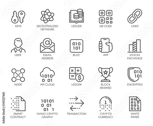 Premium Icons Pack on Blockchain System, Crypto Technology . Such Line Signs as Cryptocurrency, Decentralised Network . Custom Vector Icons Set for Web and App in Outline Style. Editable Stroke.