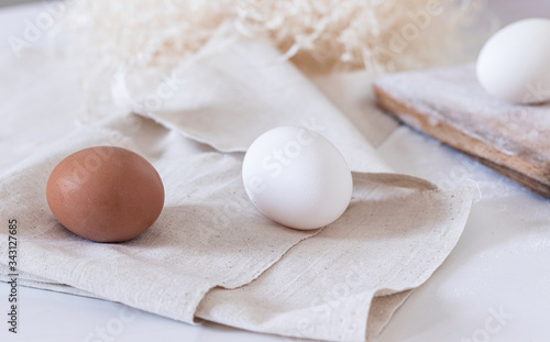 Close up view of raw chicken eggs. Background