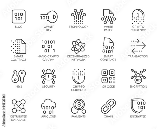 Premium Icons Pack on Blockchain System, Crypto Technology . Such Line Signs as Cryptographic, Decentralised Database . Custom Vector Icons Set for Web and App in Outline Style. Editable Stroke.