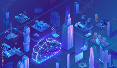 Smart grid city 3d isometric infographics, blue neon concept with solar panels and electricity pole, nuclear, thermal power plant, logistic transport system, 3d isometric icons