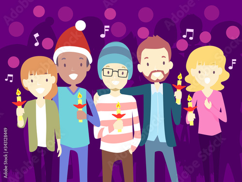 People Christmas Carol Candle Lights Illustration