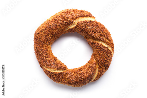 Turkish bagel on white background (simit)
