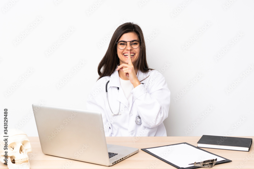 Professional traumatologist in workplace doing silence gesture Professional traumatologist in workplace doing silence gesture