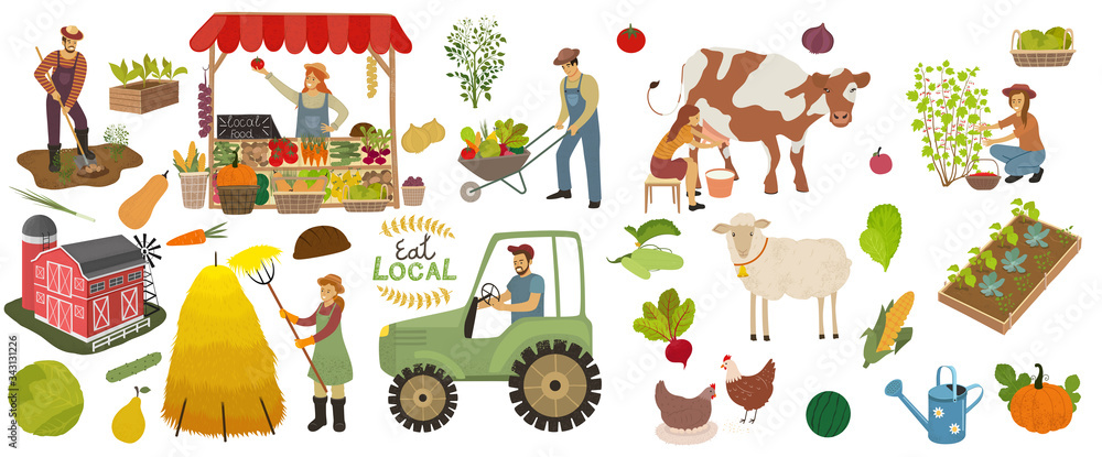 Local organic production icons set. Farmers do agricultural work, planting,  gathering crops and sell food. Woman milks a cow and picking berries. Farm  animals, fruits and vegetables isolated vector Stock Vector |