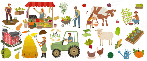 Local organic production icons set. Farmers do agricultural work, planting, gathering crops and sell food. Woman milks a cow and picking berries. Farm animals, fruits and vegetables isolated vector 