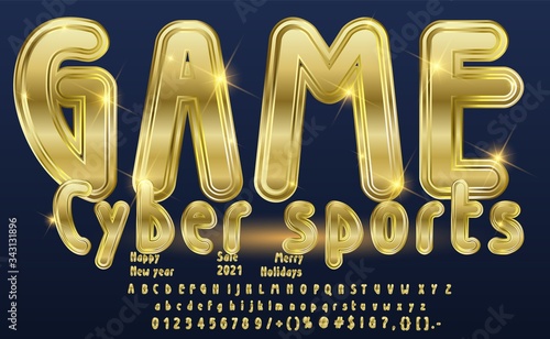 Cyber Sport logo Gold game alphabet. Vector Chic Logo Game Show. Golden Alphabet Letters, Numbers and Symbols. Luxury Glossy Font.