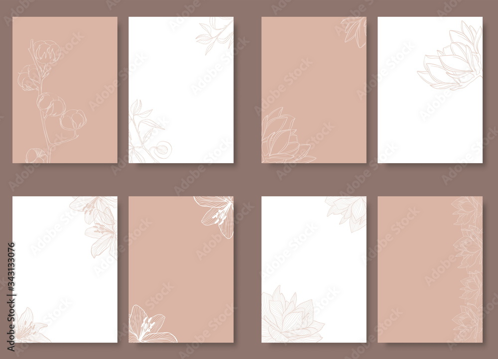 Elegant set of template wedding invitation cards with flowers.
