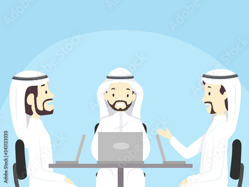 Man Qatar Laptop Student Discuss Illustration