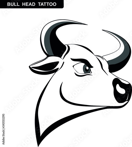 Black and withe illustration of a bull head tattoo. Angry and funny