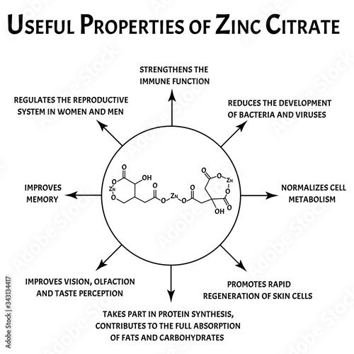Zinc citrate useful properties molecular chemical formula. Zinc infographics. Vector illustration on isolated background. photo