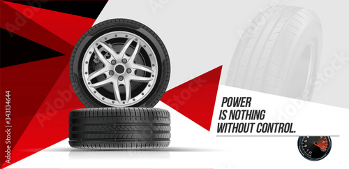 Car tires pile background. Tire stack. Group of tyres isolated. Change a car tires from summer for winter. Realistic vector. Information. Store. Action.Landscape poster, digital banner, flyer.