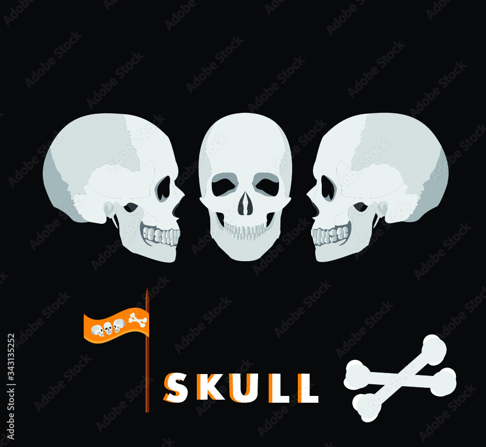 An abstract illustration depicting skulls on a black background. A skull inscription and a cross of bones. A yellow flag with skulls and bones. An abstract illustration depicting skulls on a black background. A skull inscription and a cross of bones. A yellow flag with skulls and bones.