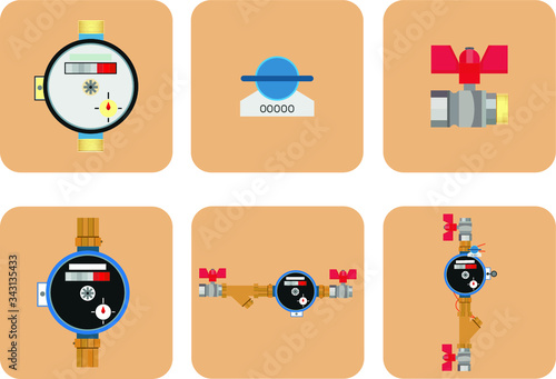 A set of icons devoted to counters in water canal. Watermeter with a faucet.