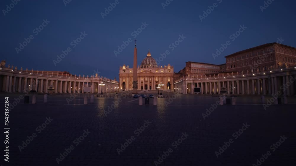 Empty Piazza San Pietro and the Saint Peter´s Basilica, during night time, in Vatican city, Rome, Italy - Tracking gimbal shot Empty Piazza San Pietro and the Saint Peter´s Basilica, during night time, in Vatican city, Rome, Italy - Tracking gimbal shot
