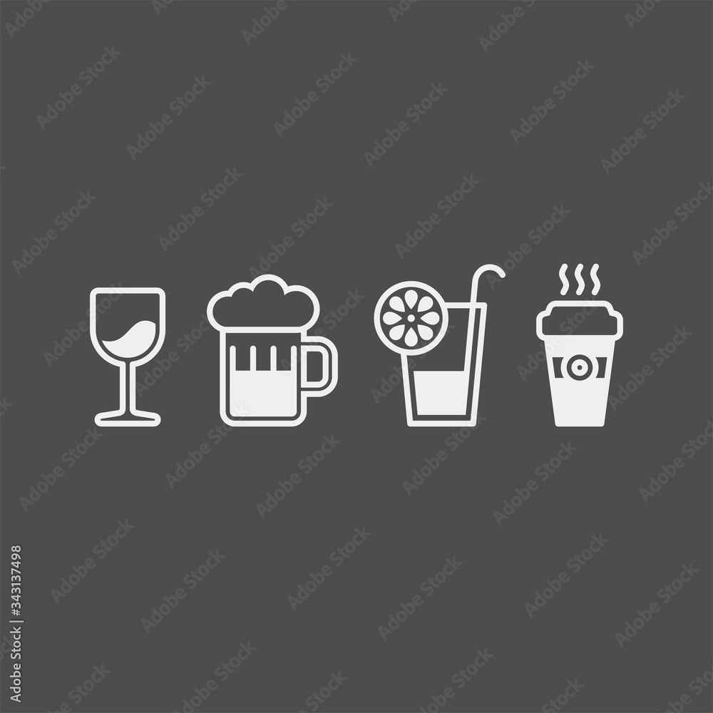 Drinks flat vector icons set. Coffee, wineglass, beer, juice flat vector icons Drinks flat vector icons set. Coffee, wineglass, beer, juice flat vector icons