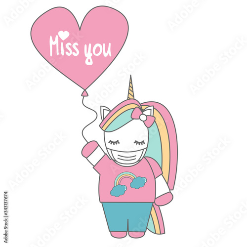 cute cartoon vector unicorn with medical mask and balloon with hand drawn lettering miss you text quarantine Covid-19 coronavirus concept illustration