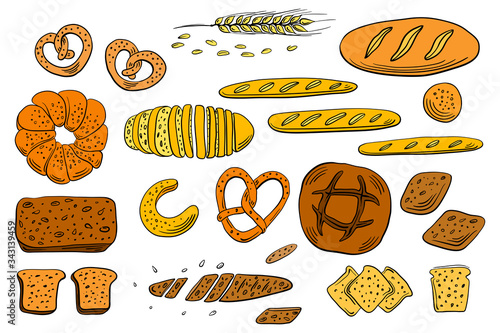 Wheat, whole-grain and rye bread, pretzel, bagel, toasts, french baguette. Loafs and slices. Set of bread in sketchy style isolated on white background. Doodle hand drawn bread. Vector illustration