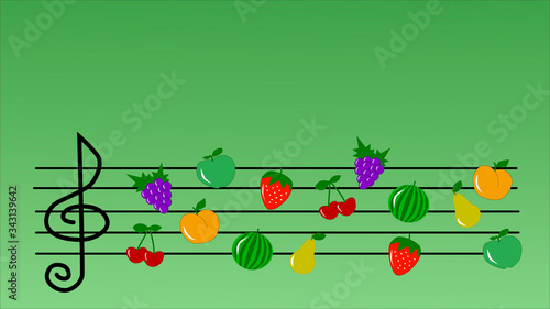Abstract fruit music symphony. Fruits on the stave with copy space. Healthy lifestyle concept, vegetarian food. Summertime melody, summer mood