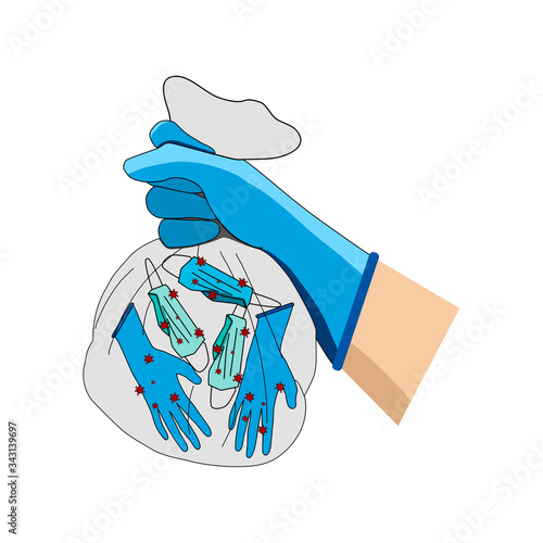The hands wear gloves and carry rubbish bags containing infected gloves and infected surgical masks.