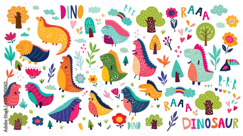 Vector Colorful collection of funny Dinosaurs with trees, flowers , rainbow and leaves