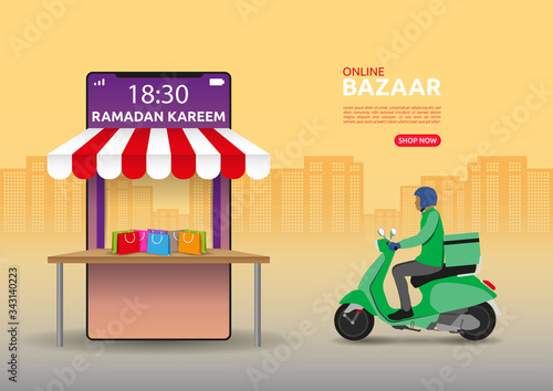 Online Bazaar concept for Ramadan or fasting month. Vector of a food rider picking up the order to deliver to the customer with sunset city background.