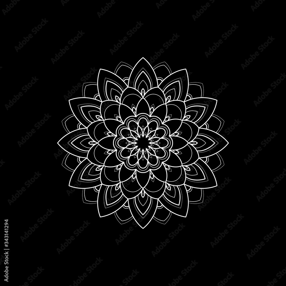  Ethnic round Mandala ornament isolated on black background. Henna tattoo design. Vector illustration