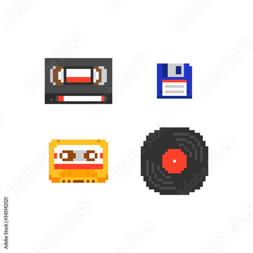 Pixel art vector illustration set - audio compact cassette, video tape cassette, floppy disk, vinyl gramophone record, isolated retro set